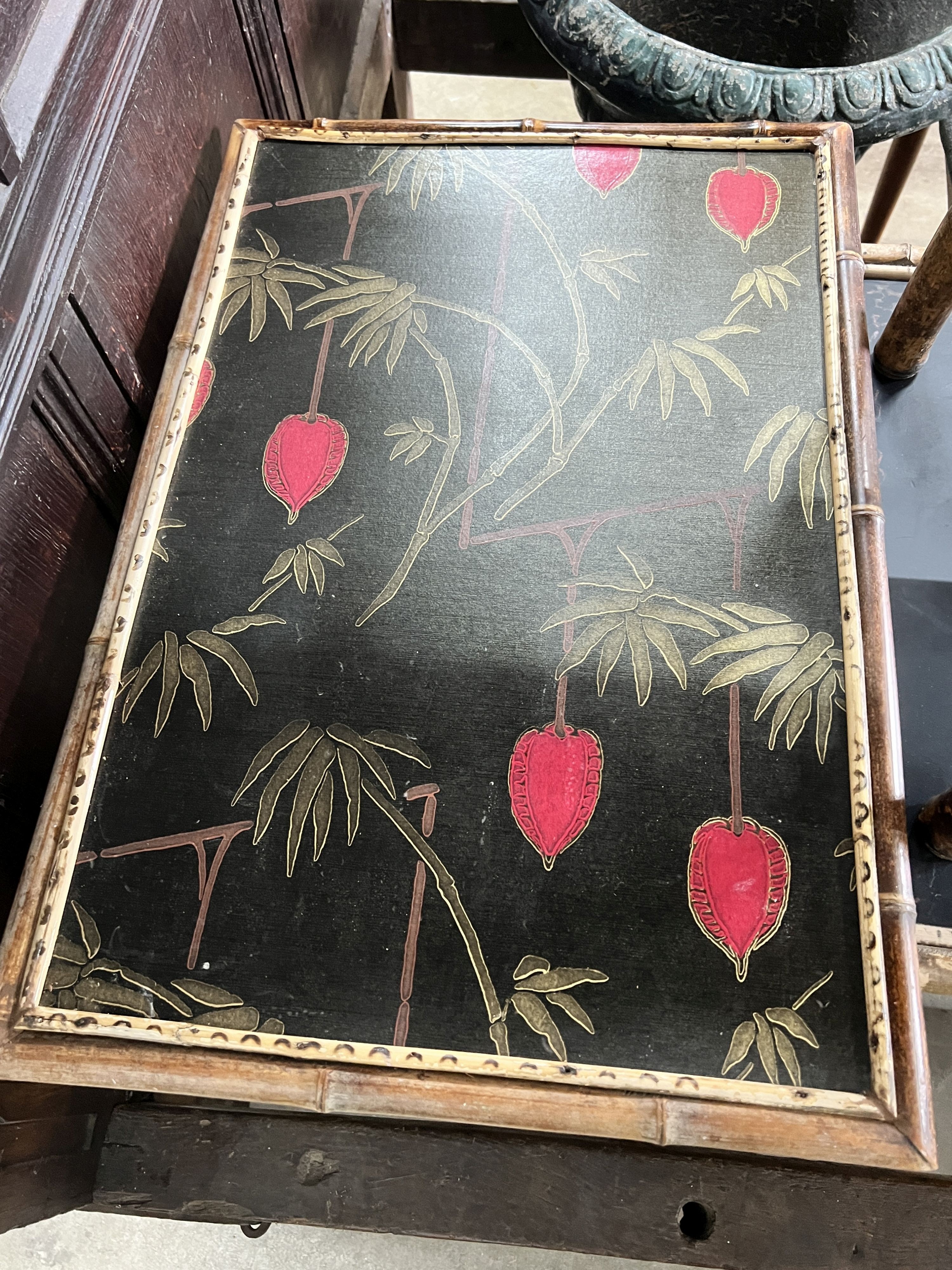 An Edwardian square lacquered bamboo two tier occasional table, width 50cm, height 70cm, a rectangular painted bamboo table and one other.